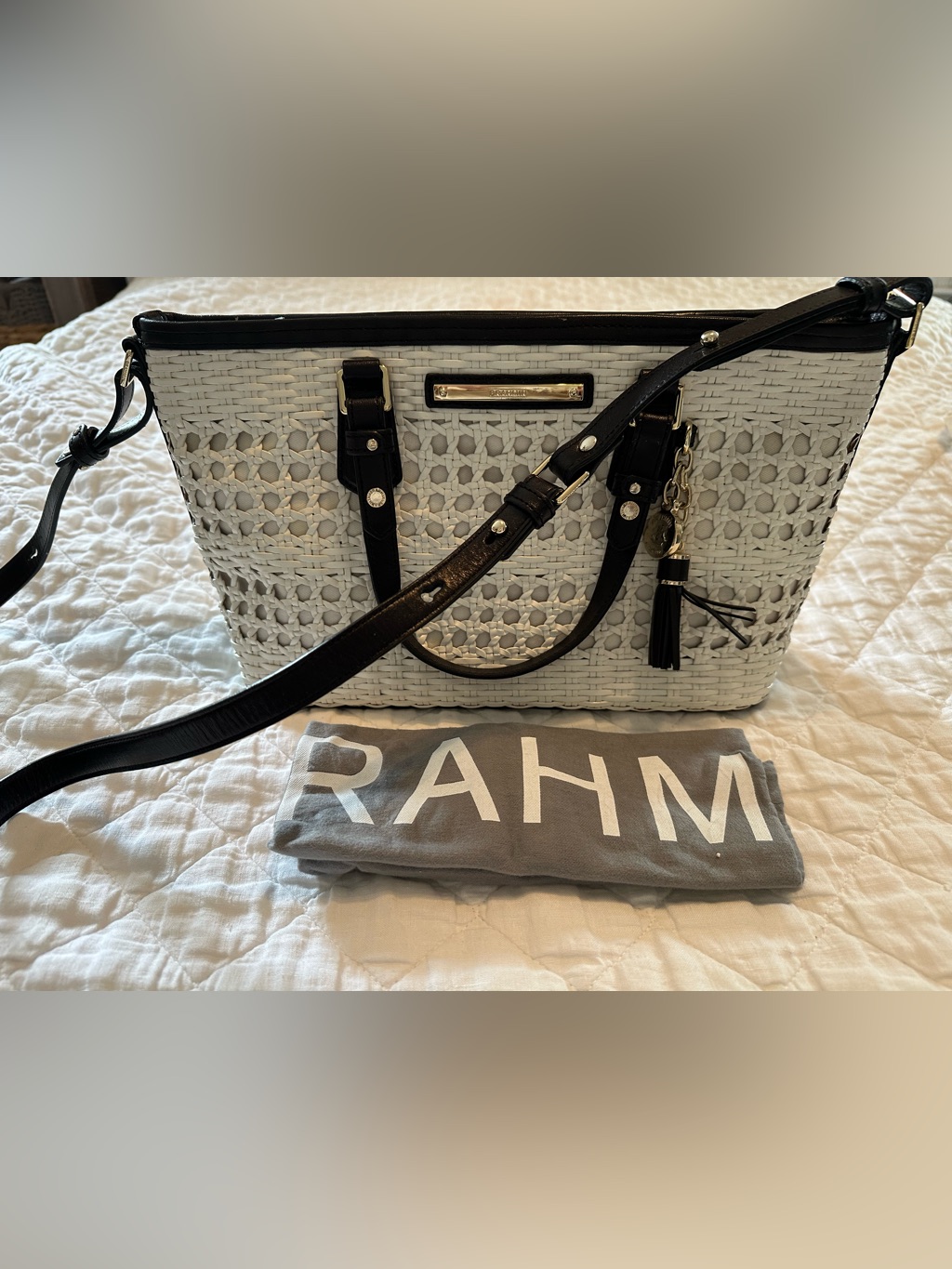 Brahmin White Leather Mini Asher Tote/Black Trim/Detachable Shoulder Strap